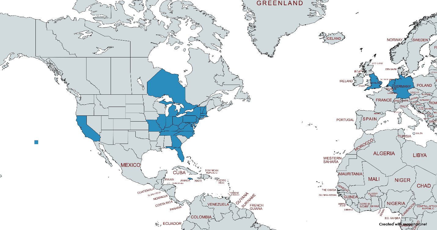Map of North America, the Caribbean, and Western Europe with places visited highlighted in blue, including Ontario, much of the eastern United States, California, Jamaica, England, the Netherlands, and Germany.